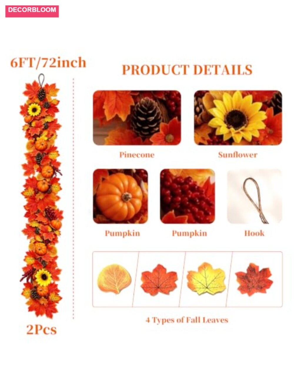 2 Pack 6ft Fall Garlands Maple Pumpkin Berry Pinecone Sunflower PE Decor - Picture 3 of 6